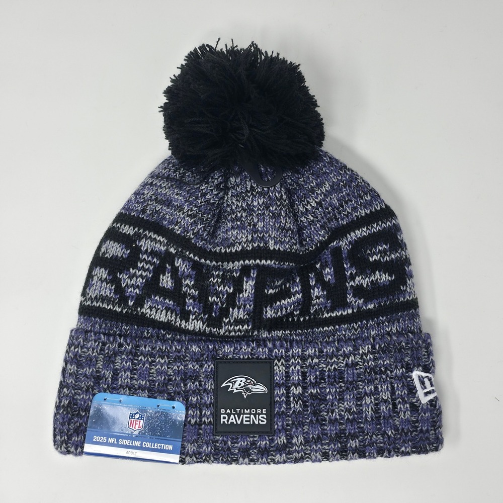 New Era Baltimore Ravens 2025 NFL Sideline Knit Beanie Hat Pom Cap Purple Black